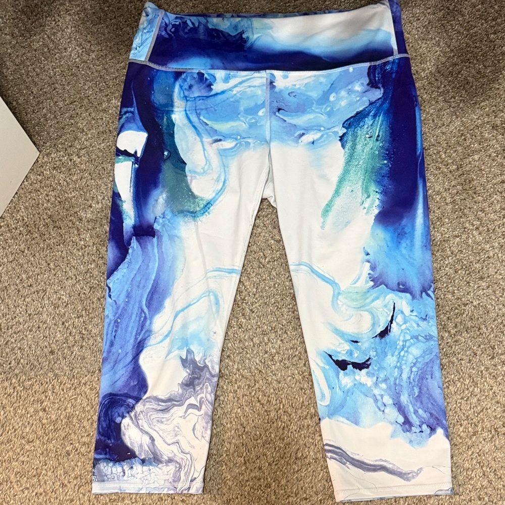 Athleta Blue and White Wave Patterned Leggings